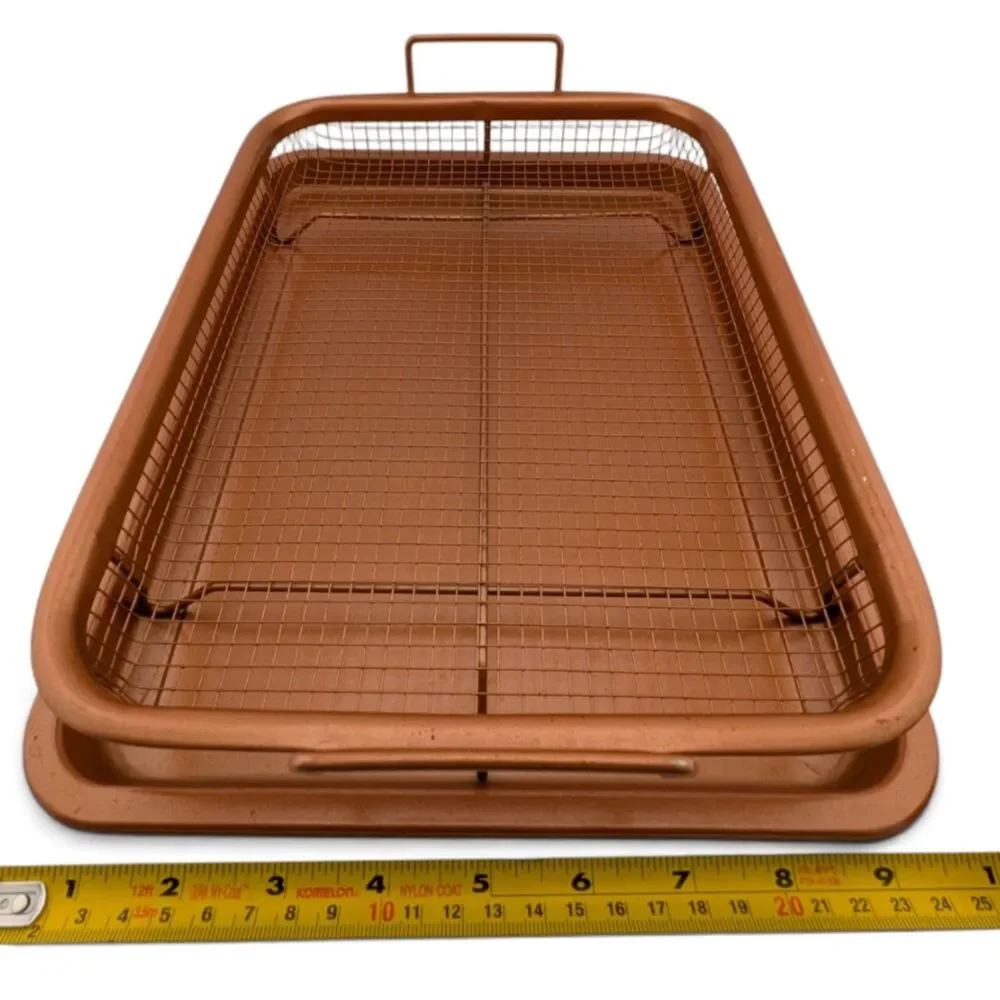 Copper Nonstick Baking Tray Roasting Pan w Mesh Basket Rack 2 Pc Set 12.75